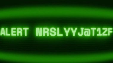 Old green CRT screen showing text ALERT NOTIFICATION appearing in random glitch and coding style