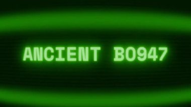 Old green CRT screen showing text ANCIENT SPELL appearing in random glitch and coding style