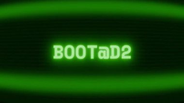 Old green CRT screen showing text BOOTING appearing in random glitch and coding style