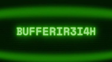 Old green CRT screen showing text BUFFERING... appearing in random glitch and coding style