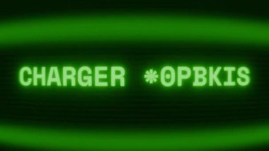 Old green CRT screen showing text CHARGER CONNECT appearing in random glitch and coding style