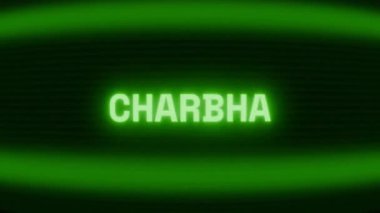 Old green CRT screen showing text CHARGER appearing in random glitch and coding style