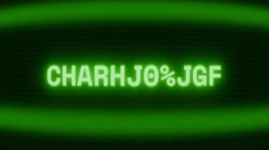 Old green CRT screen showing text CHARGING... appearing in random glitch and coding style