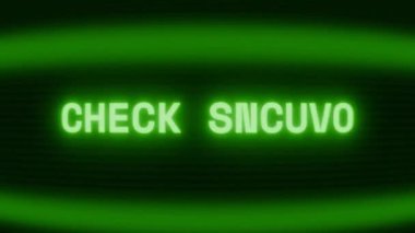 Old green CRT screen showing text CHECK STATUS appearing in random glitch and coding style