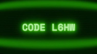 Old green CRT screen showing text CODE NAME appearing in random glitch and coding style