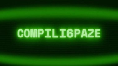 Old green CRT screen showing text COMPILING... appearing in random glitch and coding style