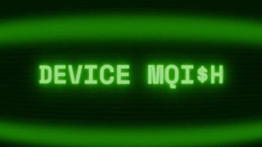 Old green CRT screen showing text DEVICE ALERT appearing in random glitch and coding style