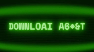 Old green CRT screen showing text DOWNLOAD START appearing in random glitch and coding style