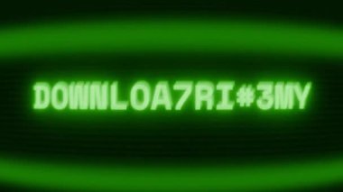 Old green CRT screen showing text DOWNLOADING... appearing in random glitch and coding style