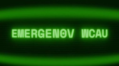 Old green CRT screen showing text EMERGENCY CALL appearing in random glitch and coding style