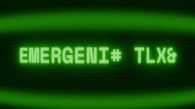 Old green CRT screen showing text EMERGENCY MODE appearing in random glitch and coding style
