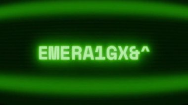 Old green CRT screen showing text EMERGENCY! appearing in random glitch and coding style