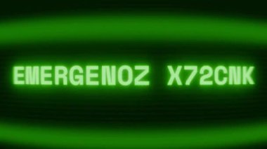 Old green CRT screen showing text EMERGENCY NOTICE appearing in random glitch and coding style
