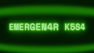 Old green CRT screen showing text EMERGENCY ROOM appearing in random glitch and coding style