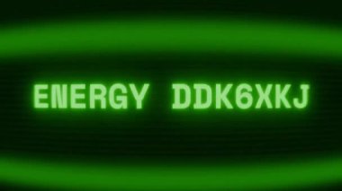 Old green CRT screen showing text ENERGY MONITOR appearing in random glitch and coding style
