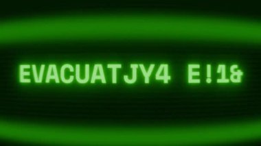 Old green CRT screen showing text EVACUATION PLAN appearing in random glitch and coding style