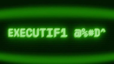 Old green CRT screen showing text EXECUTIVE ORDER appearing in random glitch and coding style