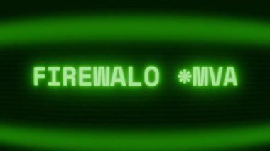 Old green CRT screen showing text FIREWALL DOWN appearing in random glitch and coding style