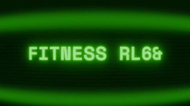 Old green CRT screen showing text FITNESS BAND appearing in random glitch and coding style