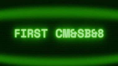 Old green CRT screen showing text FIRST CONTACT appearing in random glitch and coding style