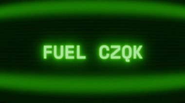 Old green CRT screen showing text FUEL CELL appearing in random glitch and coding style