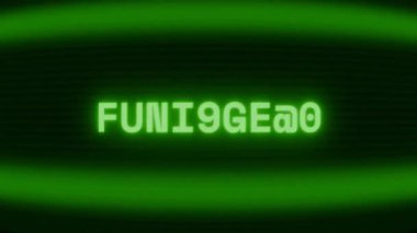Old green CRT screen showing text FUNICULAR appearing in random glitch and coding style