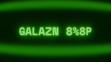 Old green CRT screen showing text GALAXY VIEW appearing in random glitch and coding style
