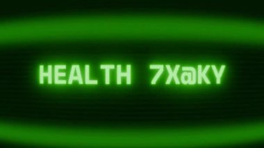 Old green CRT screen showing text HEALTH ALERT appearing in random glitch and coding style