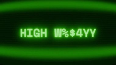 Old green CRT screen showing text HIGH ALERT! appearing in random glitch and coding style