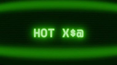 Old green CRT screen showing text HOT DOG appearing in random glitch and coding style