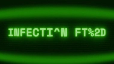 Old green CRT screen showing text INFECTION ALERT appearing in random glitch and coding style