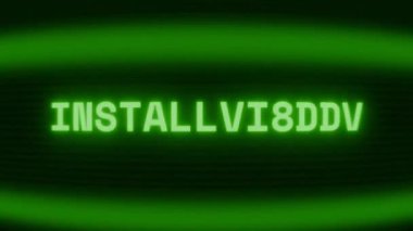Old green CRT screen showing text INSTALLING... appearing in random glitch and coding style