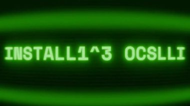 Old green CRT screen showing text INSTALLING UPDATE appearing in random glitch and coding style