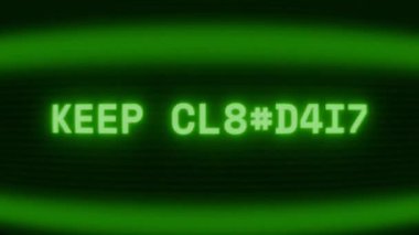 Old green CRT screen showing text KEEP CLIMBING appearing in random glitch and coding style