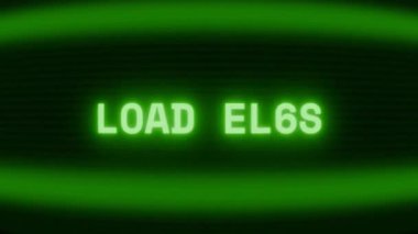 Old green CRT screen showing text LOAD GAME appearing in random glitch and coding style