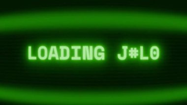 Old green CRT screen showing text LOADING FILE appearing in random glitch and coding style