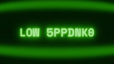 Old green CRT screen showing text LOW BALANCE appearing in random glitch and coding style