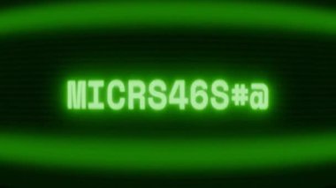 Old green CRT screen showing text MICROPHONE appearing in random glitch and coding style
