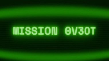 Old green CRT screen showing text MISSION START appearing in random glitch and coding style