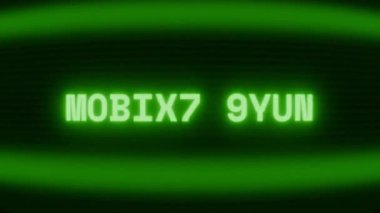 Old green CRT screen showing text MOBILE BANK appearing in random glitch and coding style