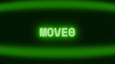 Old green CRT screen showing text MOVE! appearing in random glitch and coding style