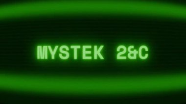 Old green CRT screen showing text MYSTIC EYE appearing in random glitch and coding style