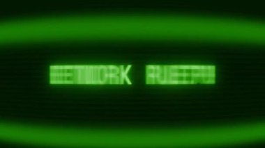 Old green CRT screen showing text NETWORK BREACH appearing in random glitch and coding style