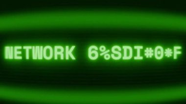 Old green CRT screen showing text NETWORK INTRUSION appearing in random glitch and coding style
