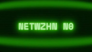 Old green CRT screen showing text NETWORK ON appearing in random glitch and coding style