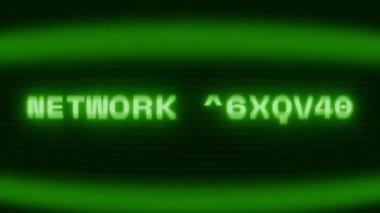 Old green CRT screen showing text NETWORK MONITOR appearing in random glitch and coding style