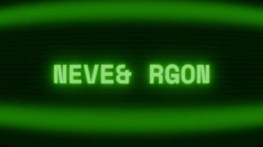 Old green CRT screen showing text NEVER STOP appearing in random glitch and coding style