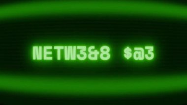 Old green CRT screen showing text NETWORK OFF appearing in random glitch and coding style