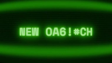 Old green CRT screen showing text NEW MESSAGE appearing in random glitch and coding style