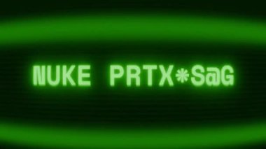 Old green CRT screen showing text NUKE PROTOCOL appearing in random glitch and coding style